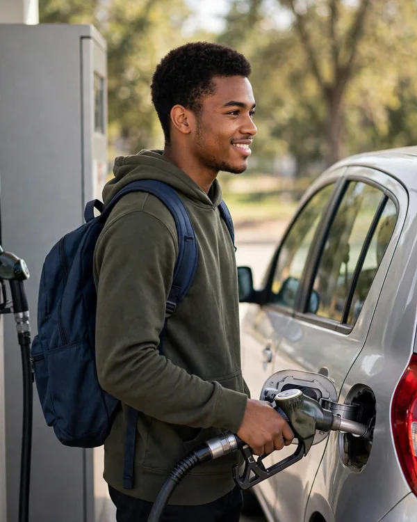 A young man with a backpack refuelling a silver car at a filling station
