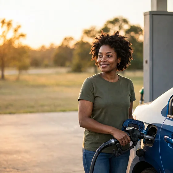 A woman refuelling her car at a rural filling station in the early evening