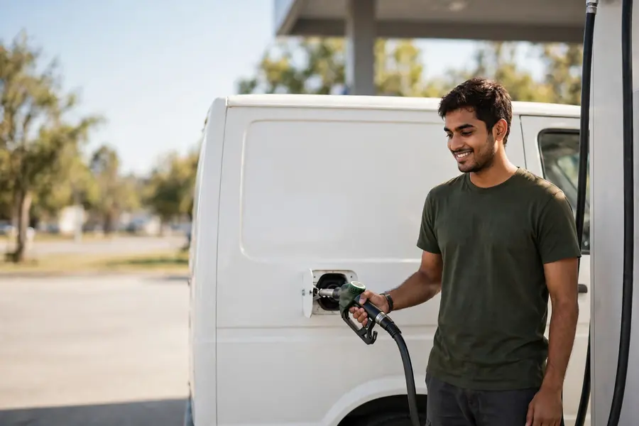 A man refuelling a white work van on a filling station forecourt