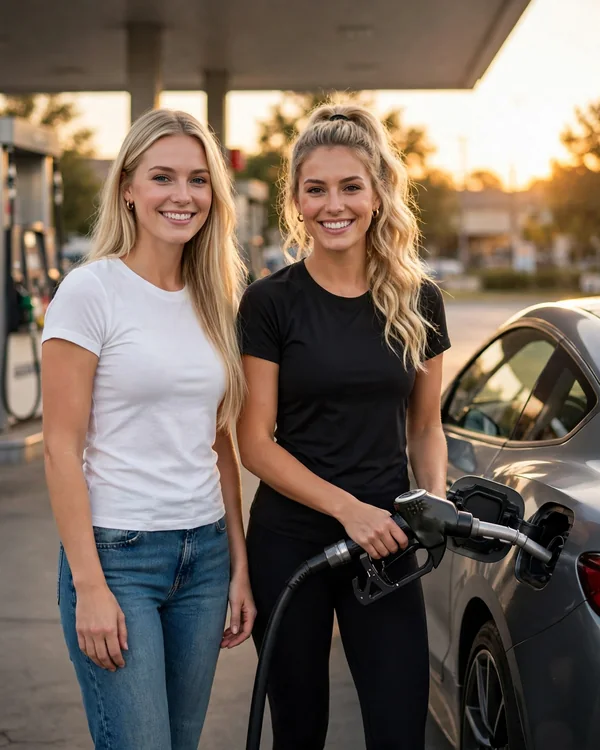 Two women refuelling a car together at a filling station at sunset