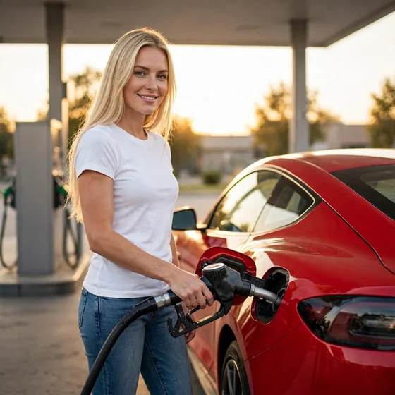 A woman refuelling a red car on a filling station forecourt at golden hour