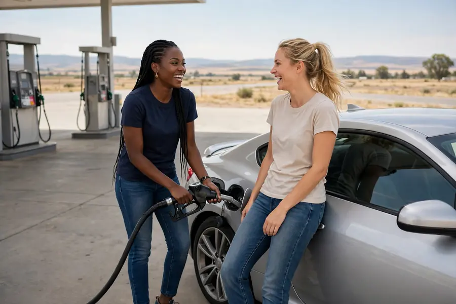 A driver refuelling a car at a filling station forecourt